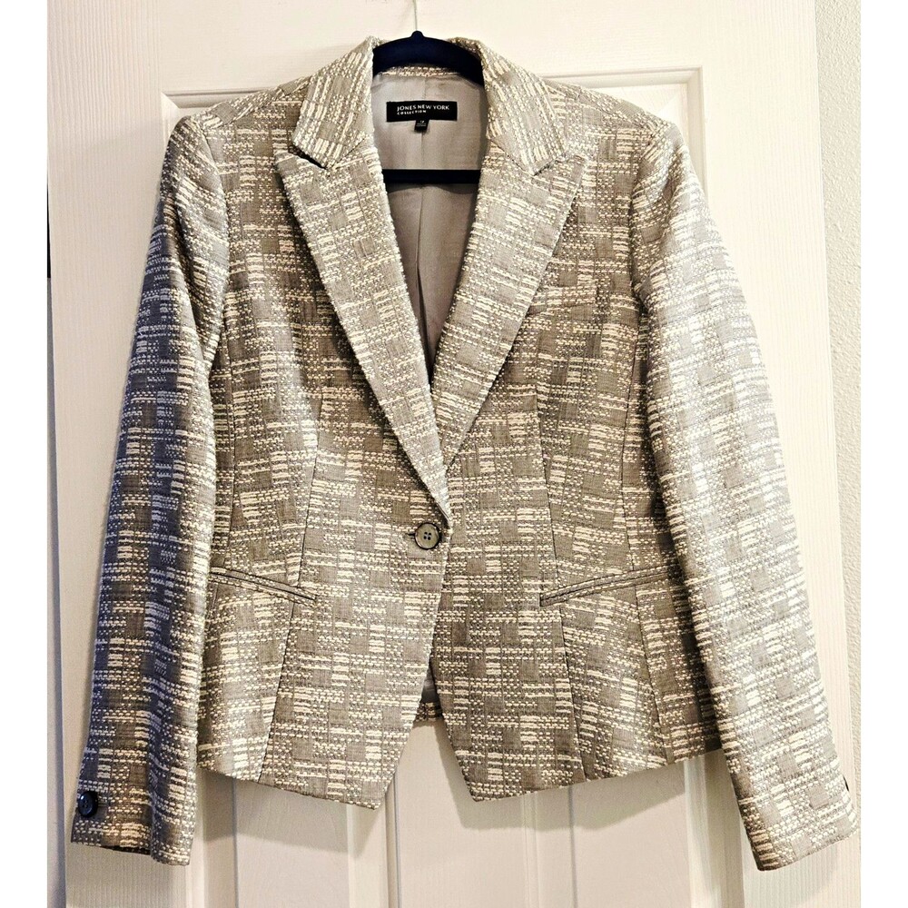 Jones New York Collection Metallic Tweed Blazer Jacket Silver Gray White Size 12